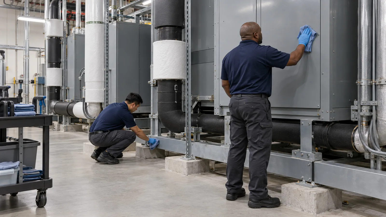 Two technicians cleaning closed cooling-unit exteriors and a structural base in a support area