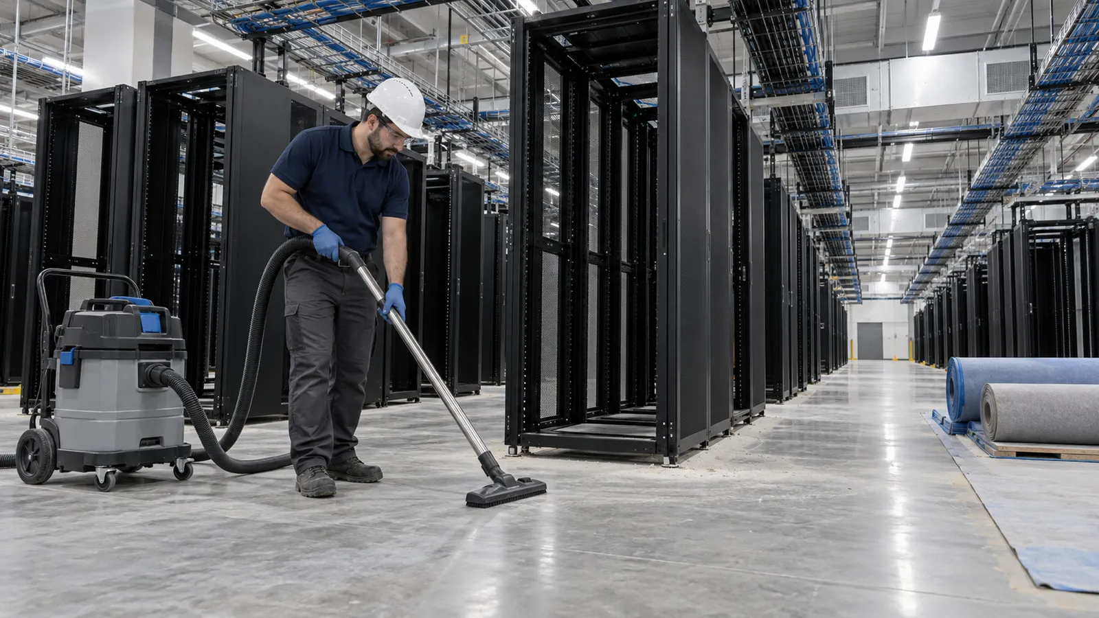 Technician vacuuming installation residue in a newly fitted data hall with empty racks