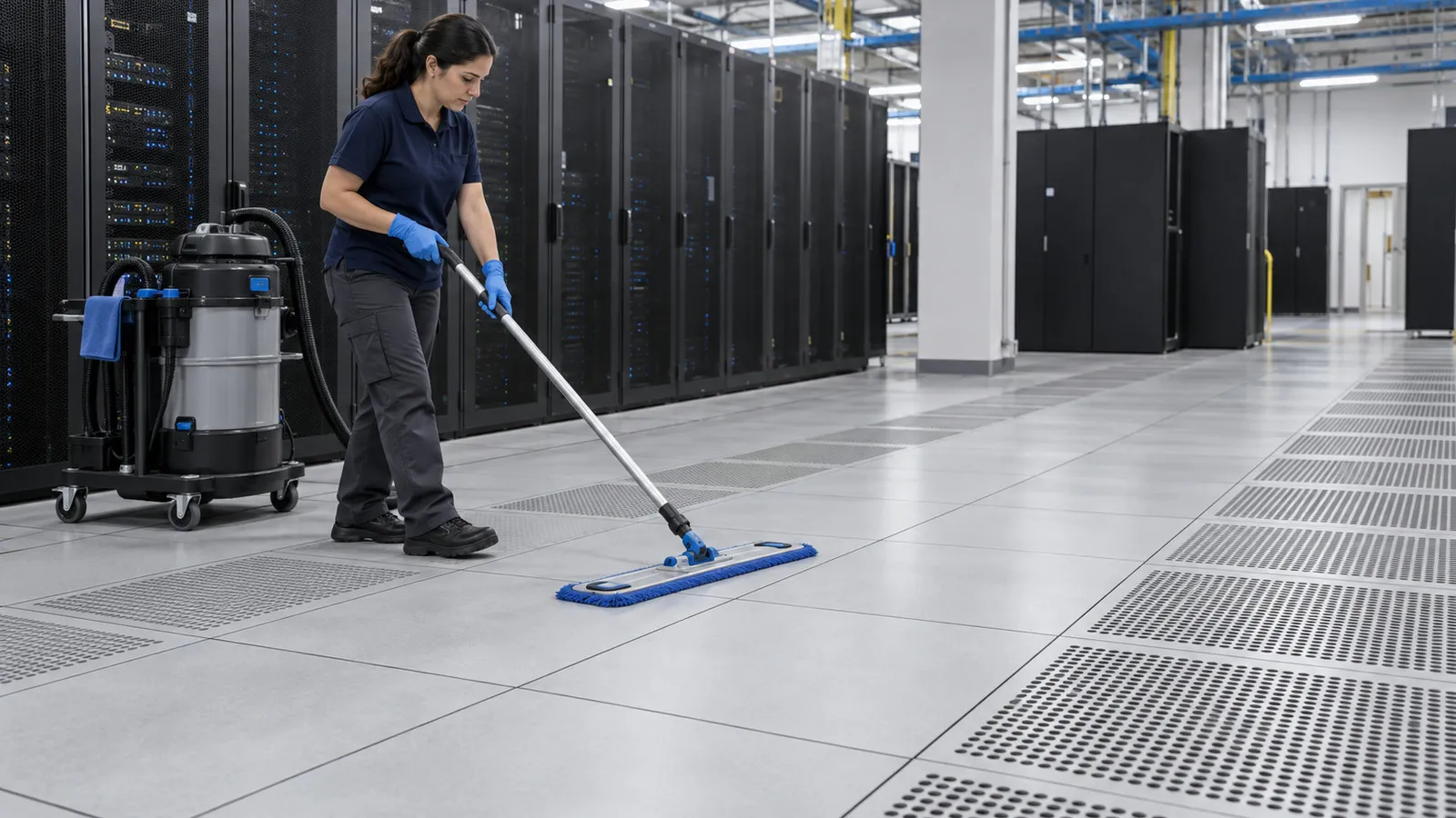 Technician using a dry flat cleaning tool on solid raised-floor panels beside perforated tiles
