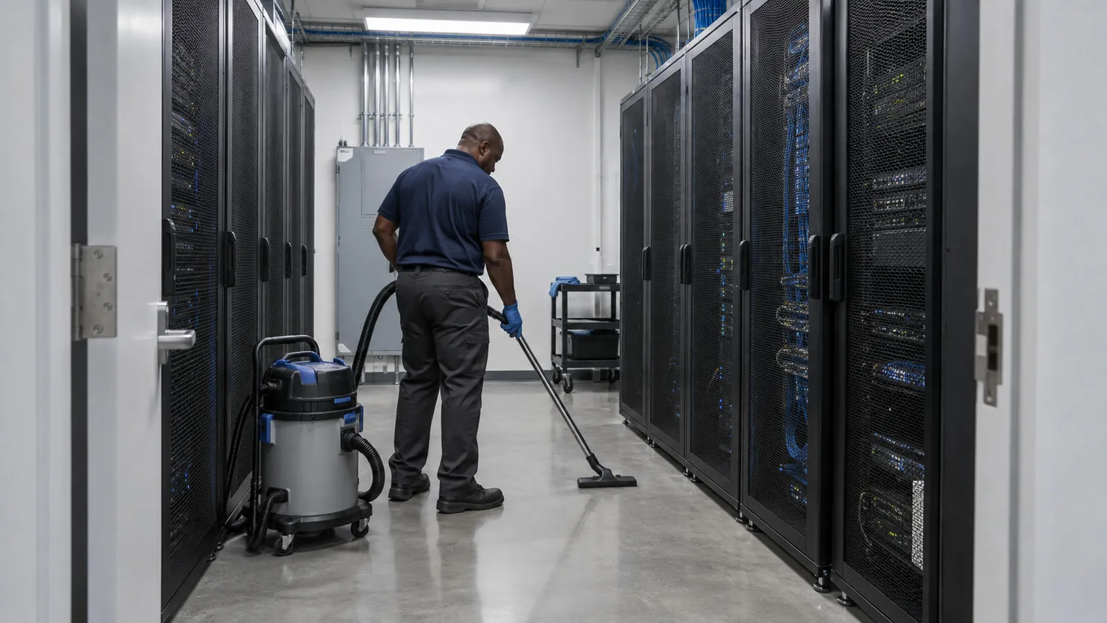 Technician vacuuming the solid floor between cabinet rows in a smaller server room