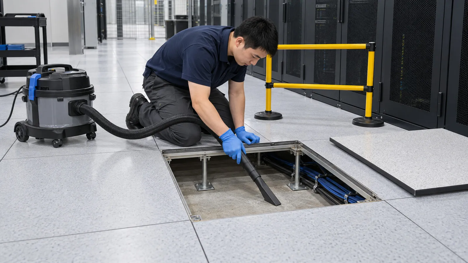 Technician kneeling beside an open raised-floor bay and vacuuming the accessible plenum slab